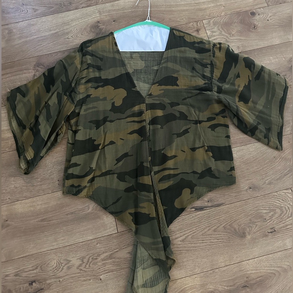 Love Stitch Cotton Camo Deep V Tie Front Top